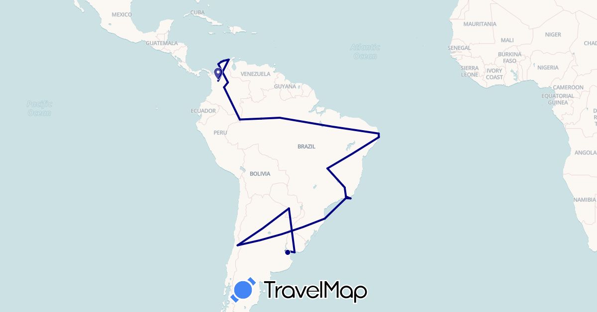 TravelMap itinerary: driving in Argentina, Brazil, Chile, Colombia, Paraguay, Uruguay (South America)